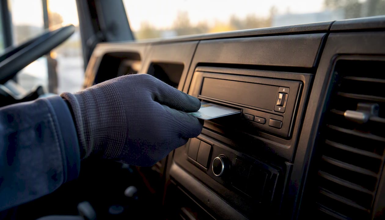 Hand inserting digital tachograph card into vehicle device