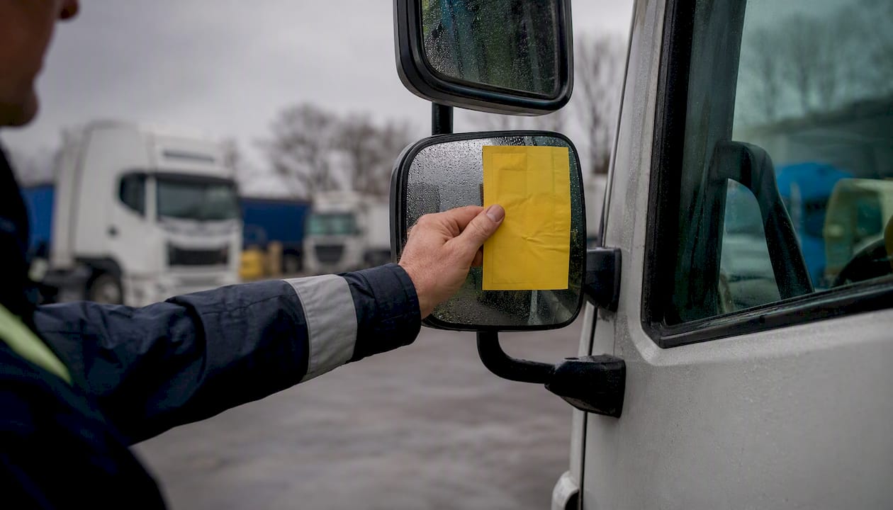 DVSA officer placing roadside prohibition notice on commercial vehicle