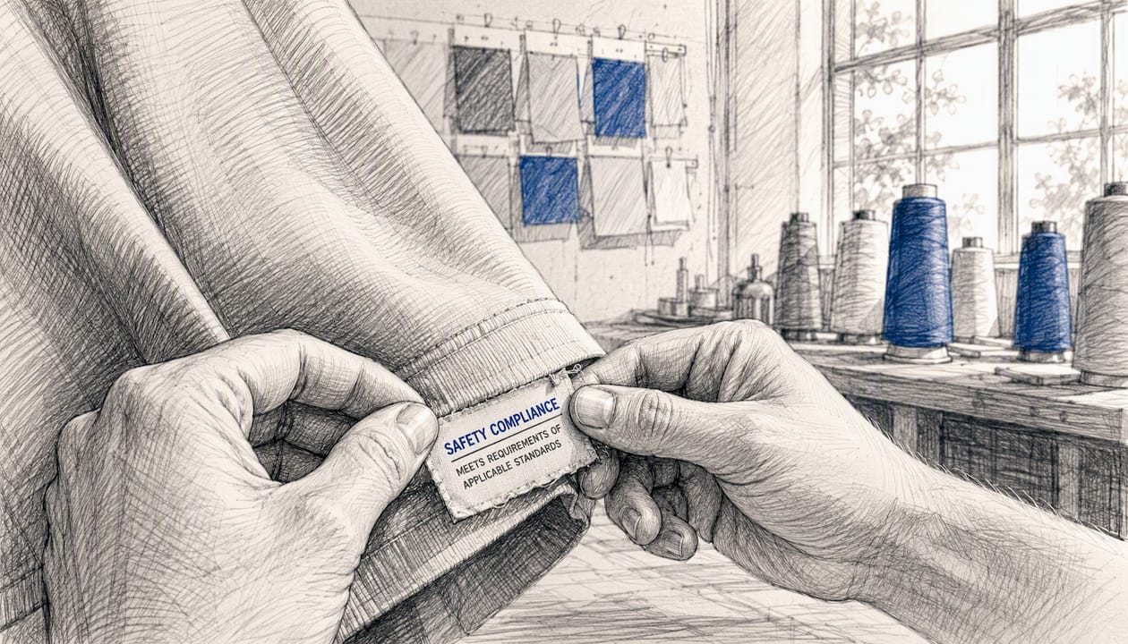 Hands applying safety label to clothing product