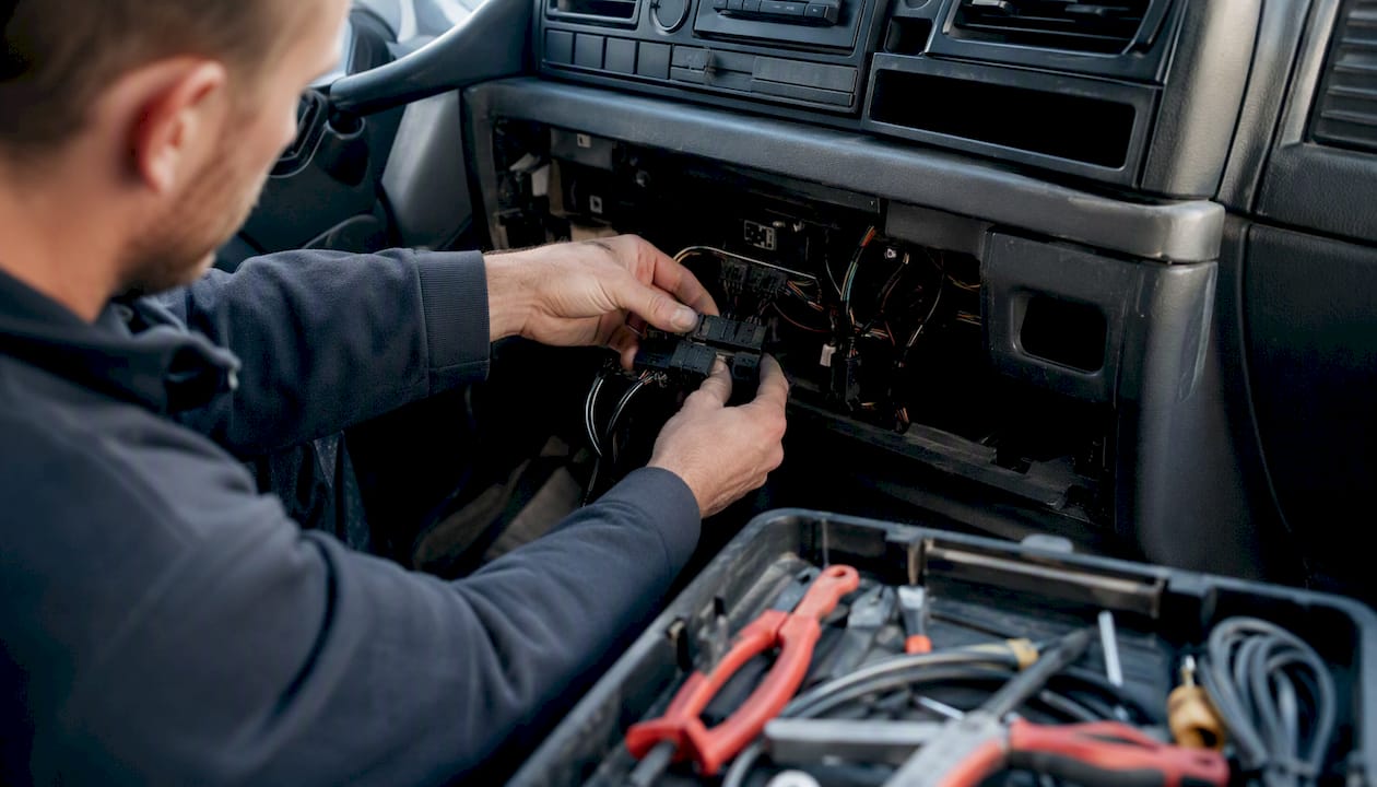 Hands installing smart tachograph in vehicle cabin