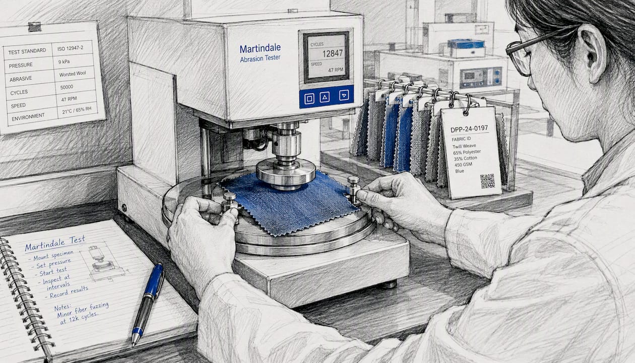 Hands conducting textile abrasion test in lab
