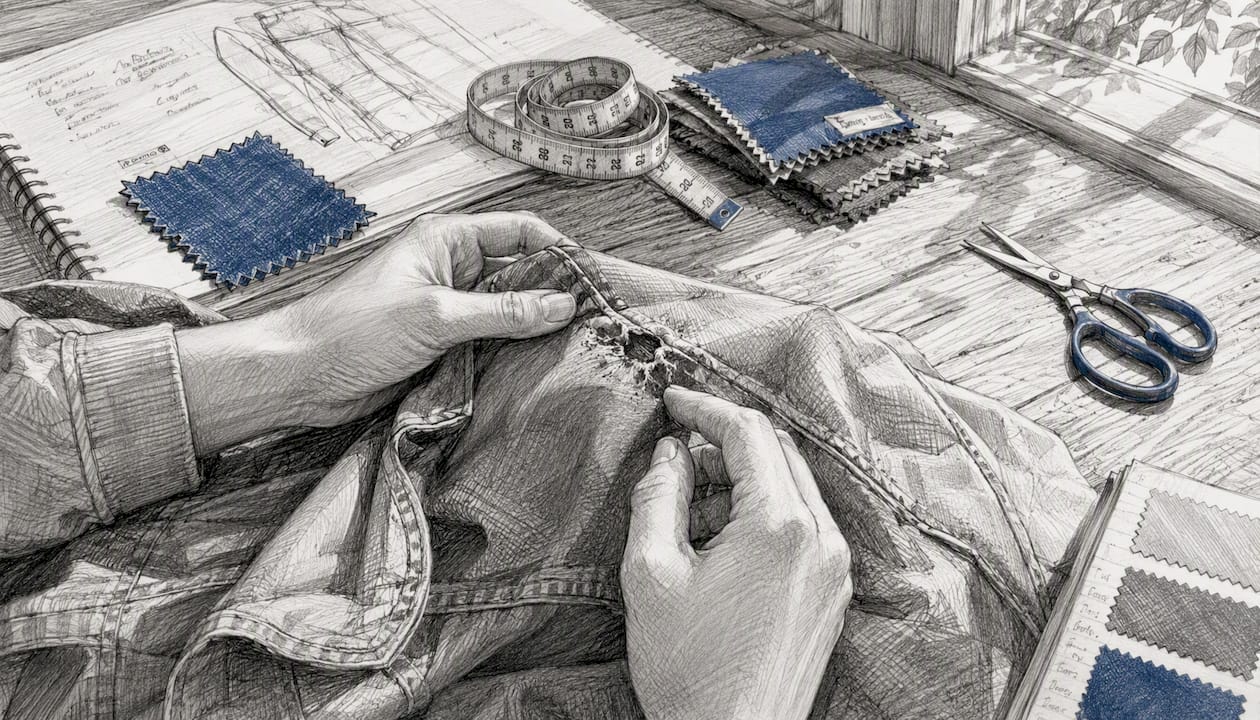 Hands inspecting garment wear during failure mode analysis