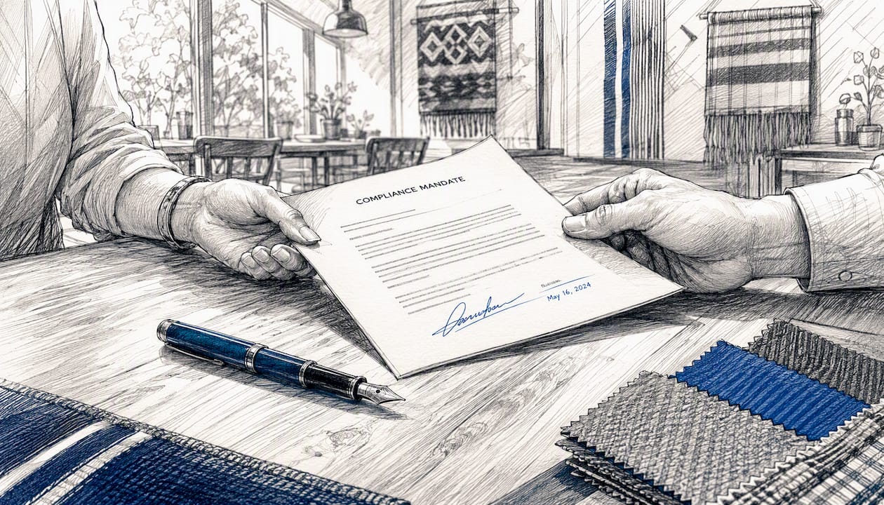 Hands exchanging compliance mandate document