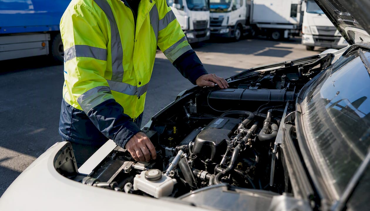 Driver inspecting vehicle tyre during training