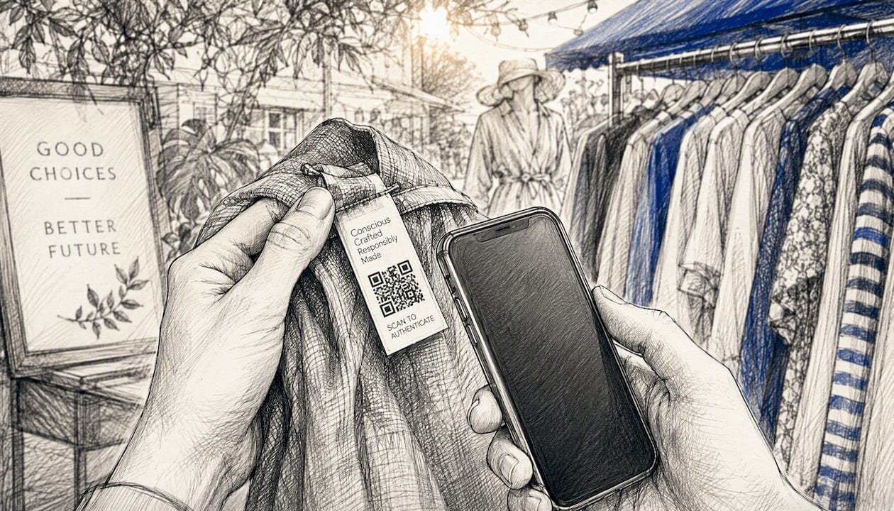 Hands scanning QR code on garment tag