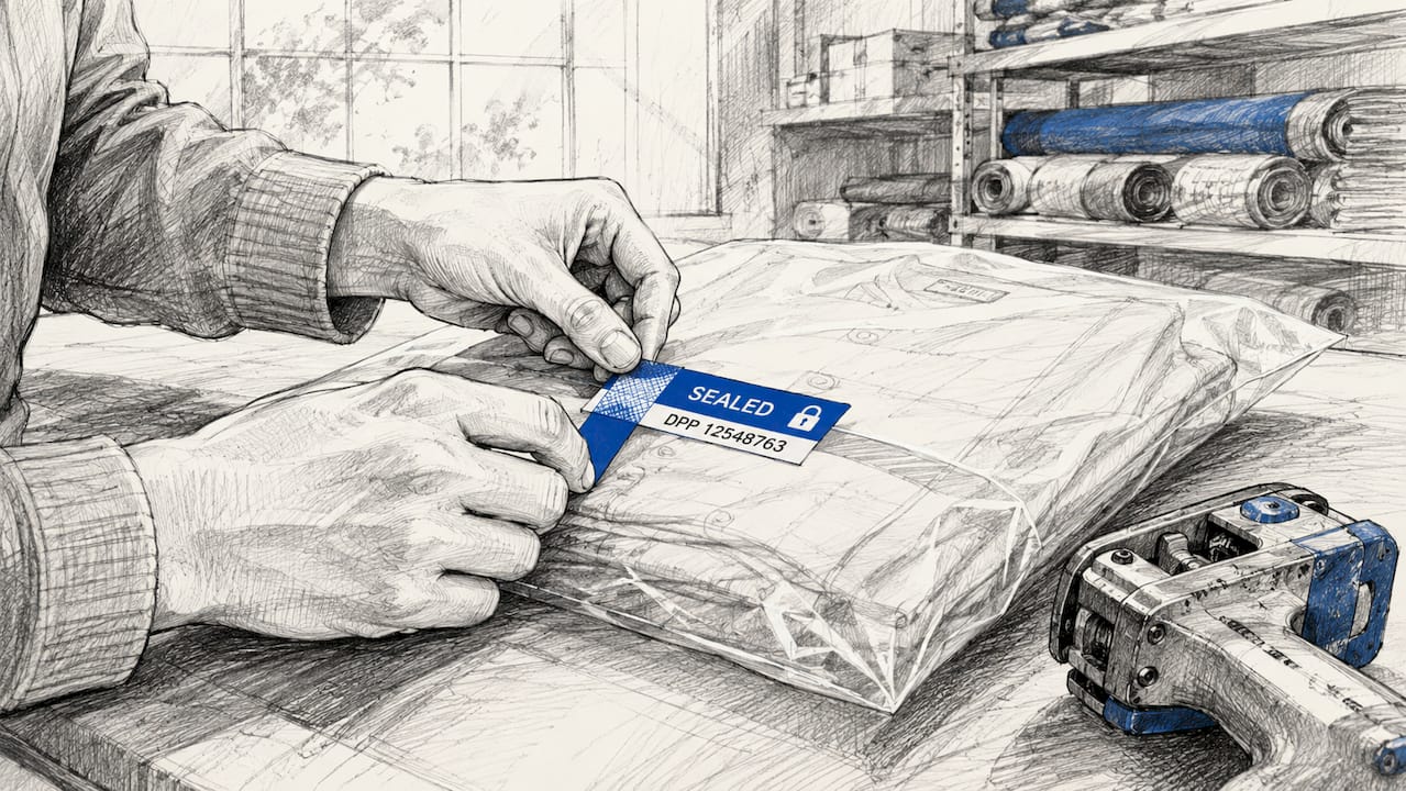 Close-up of tamper-evident seal on apparel packaging