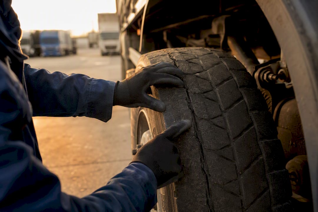 Inspector pointing to truck tyre defect