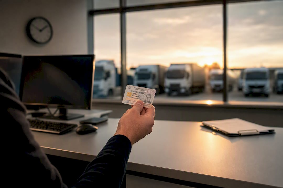 Operator holding tachograph card near fleet trucks