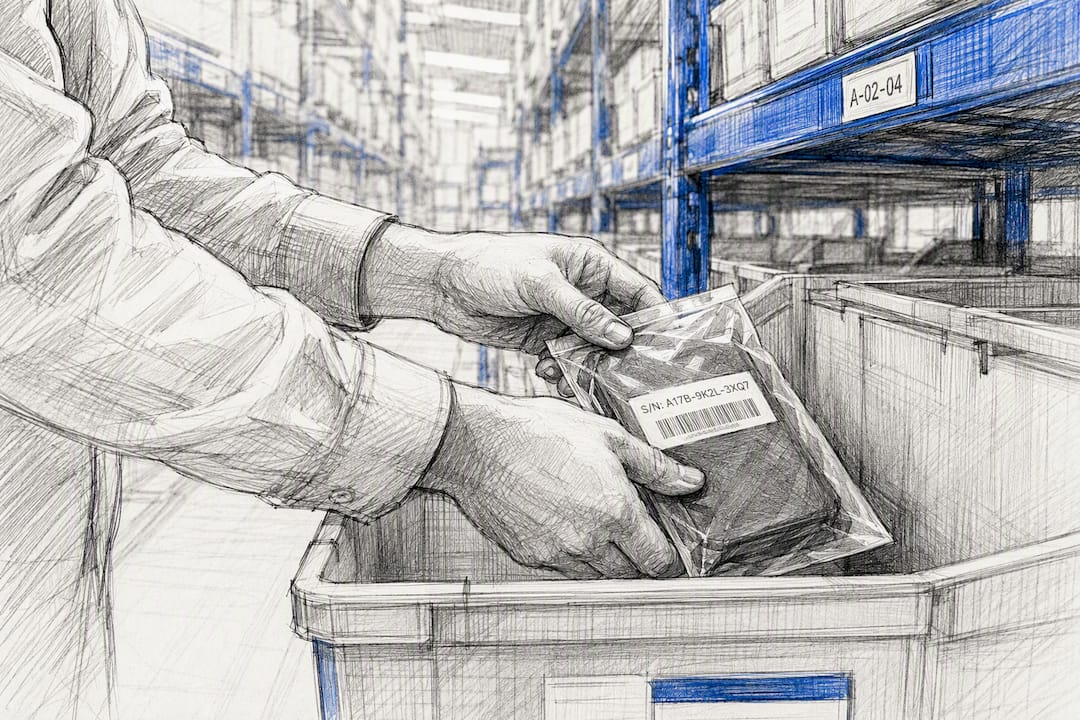 Worker placing serialized item into storage bin