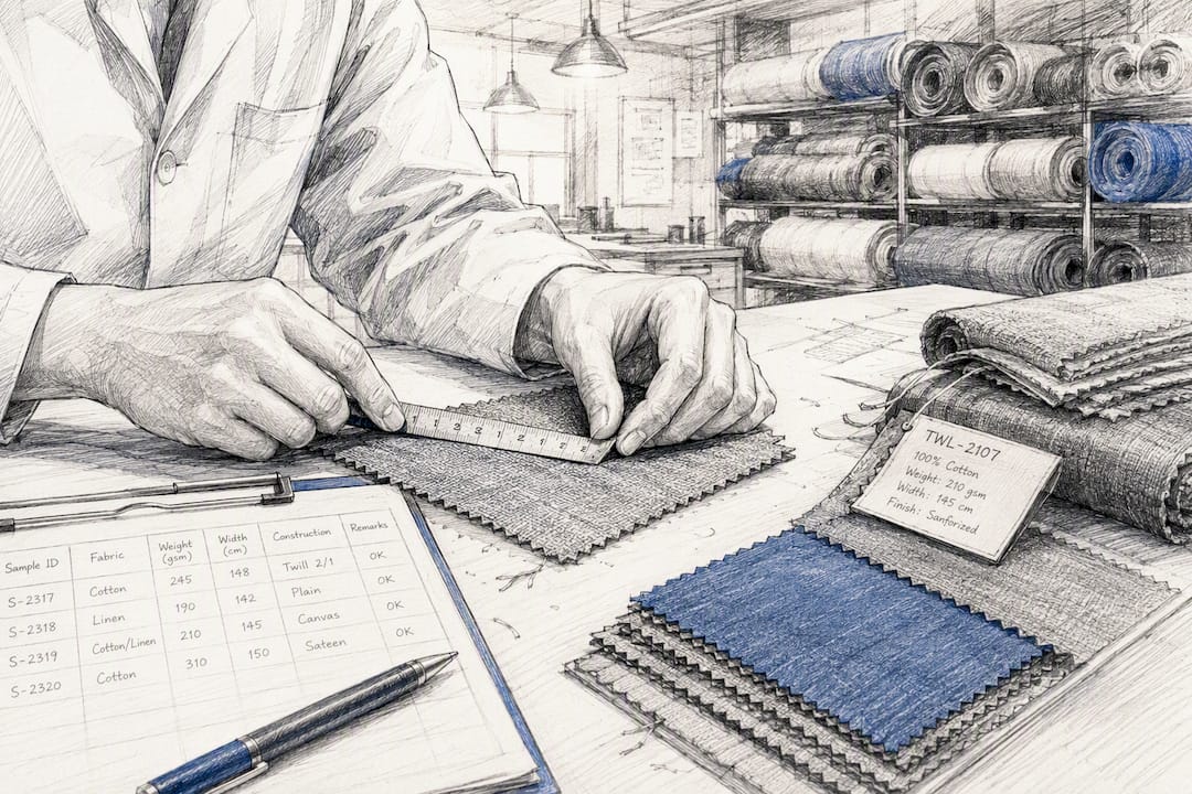 Hands measuring textile samples in lab