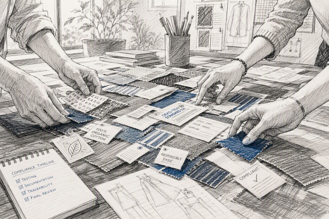 Hands organizing fabric samples and tags