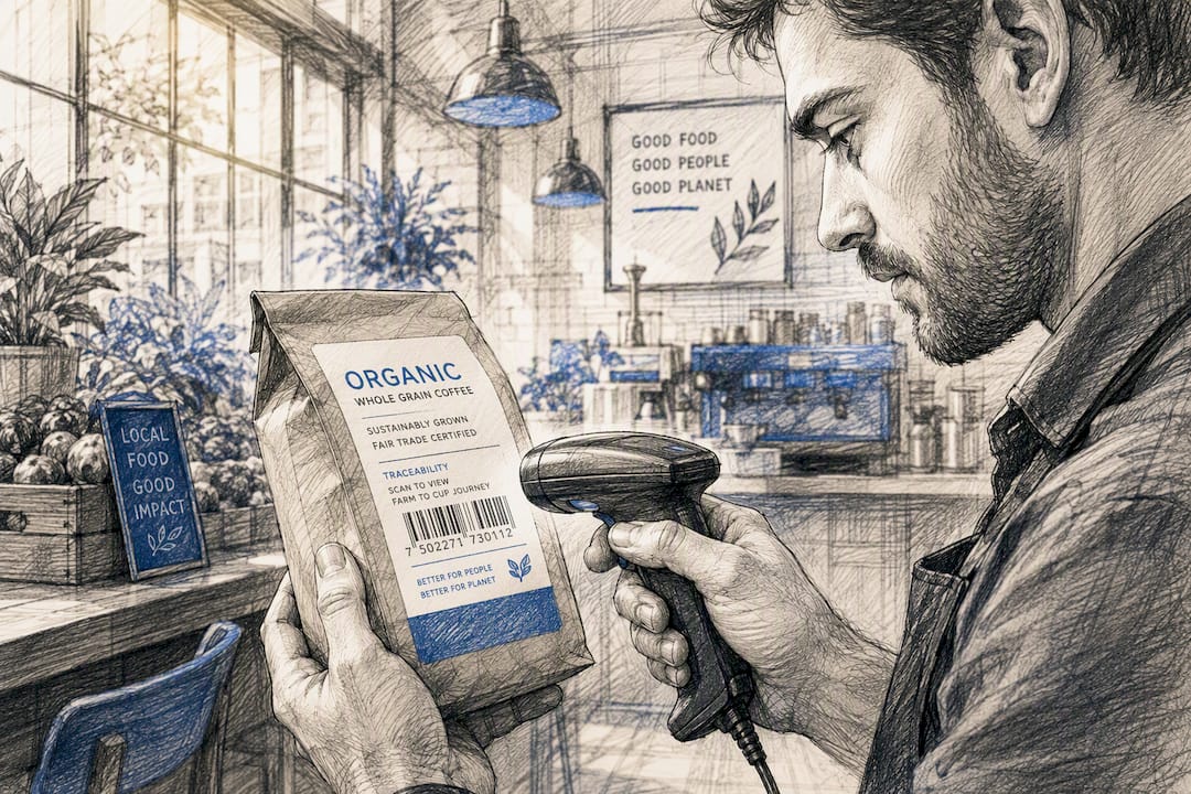 Hands scanning barcode on food label