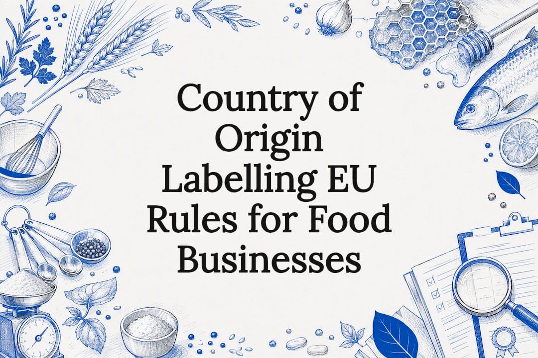 Decorative title card illustration of food and compliance elements