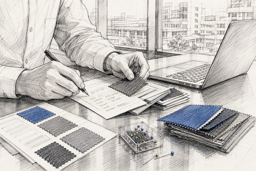 Hands verifying fabric swatches for product data