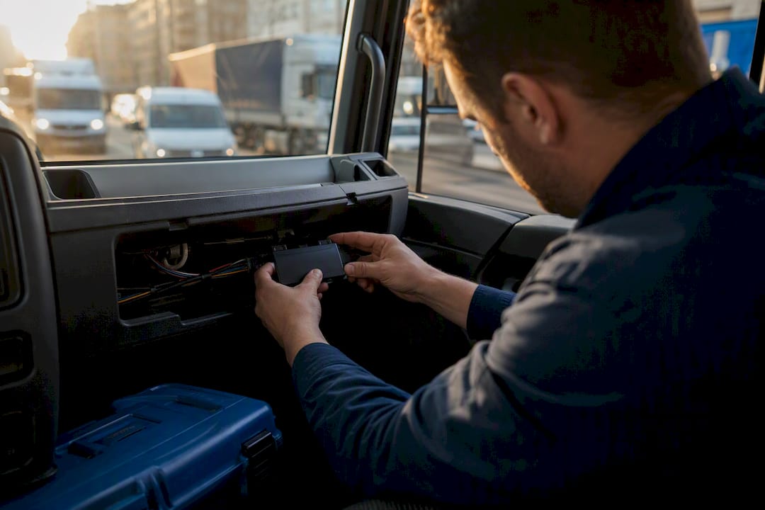 Hands connecting telematics device in vehicle cab