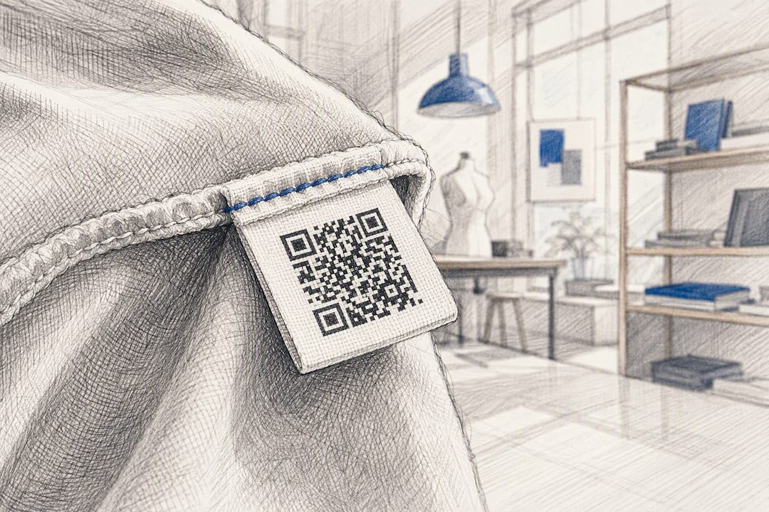 Close-up of QR code tag sewn into garment label