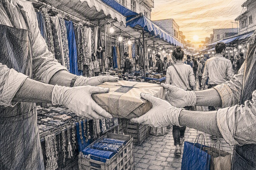 Hands exchanging sealed parcel representing custody transfer