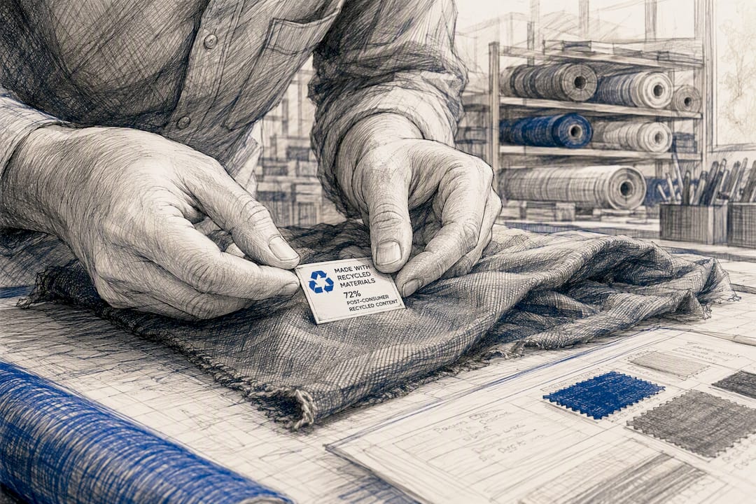 Hands applying recycling data label in workshop