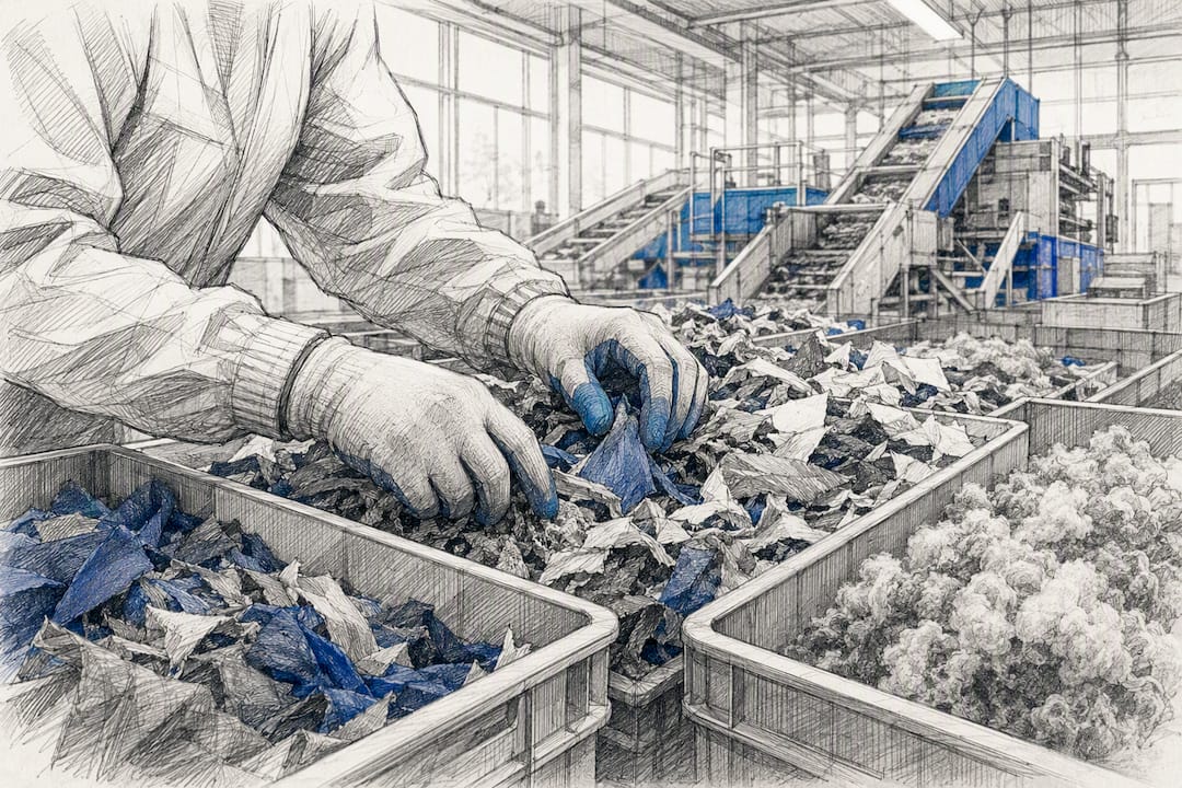 Hands sorting textile recycling components