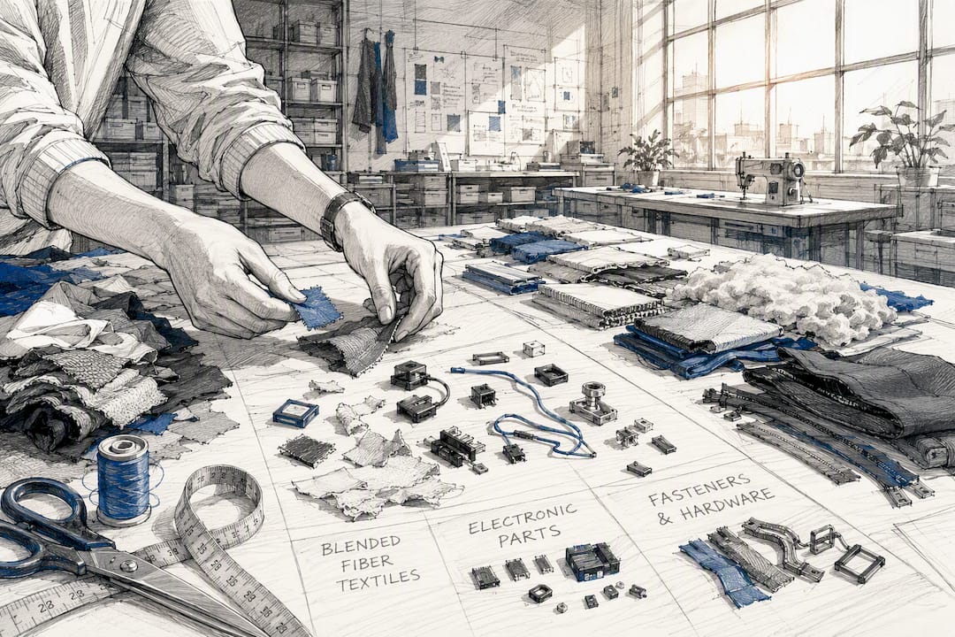 Hands sorting garment components in workshop