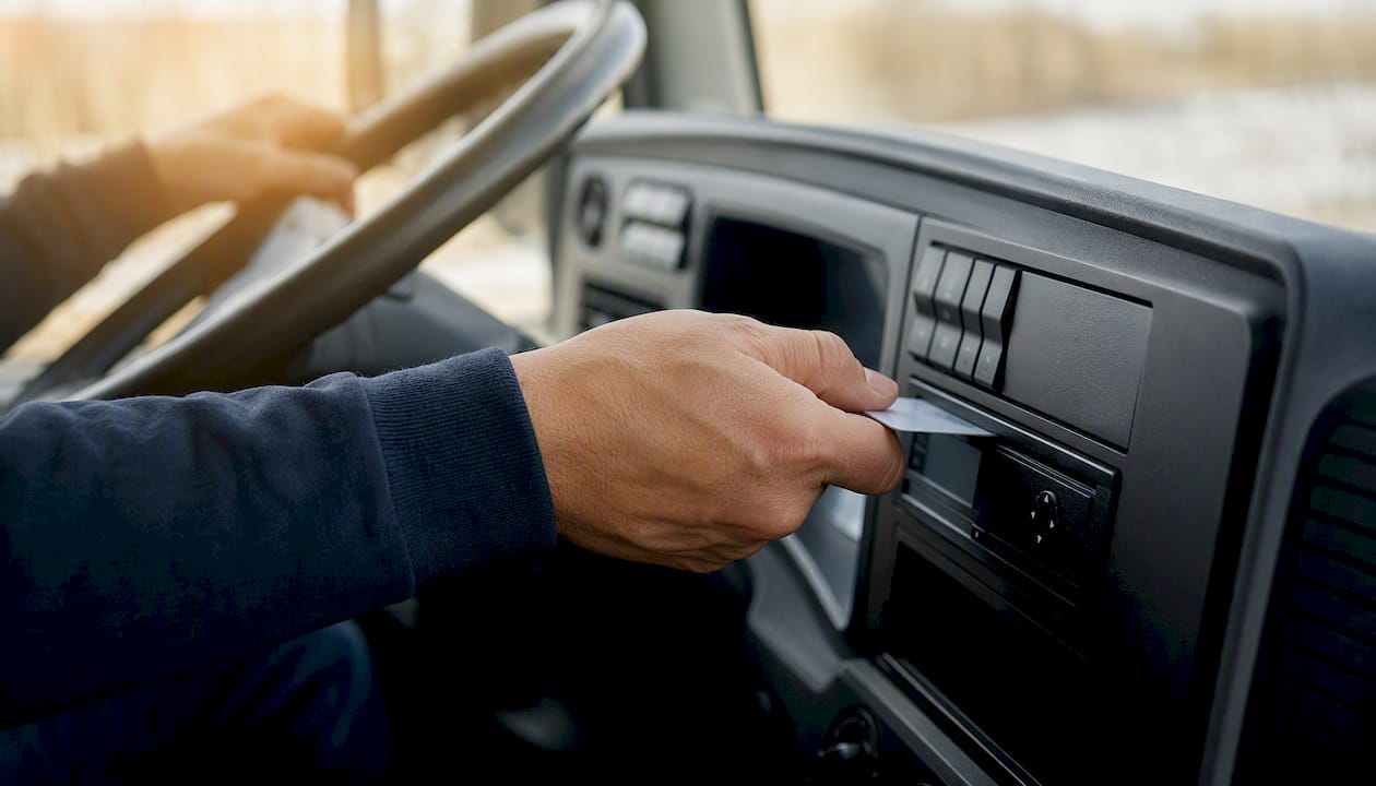 Hands locking company card into vehicle tachograph