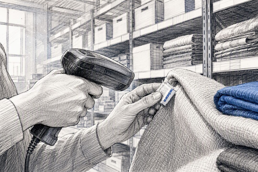 Hands scanning textile fabric label barcode