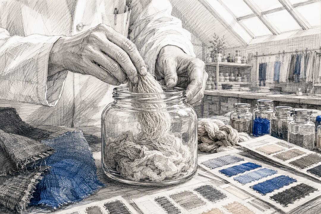 Hands placing textile fiber sample in lab container