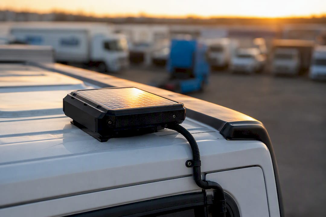 Solar-powered tracking device on trailer roof