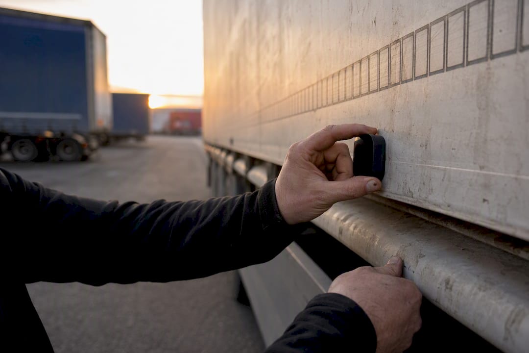 Hand installing tracker on trailer frame