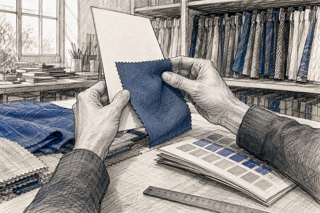 Hands verifying fabric sample against evidence