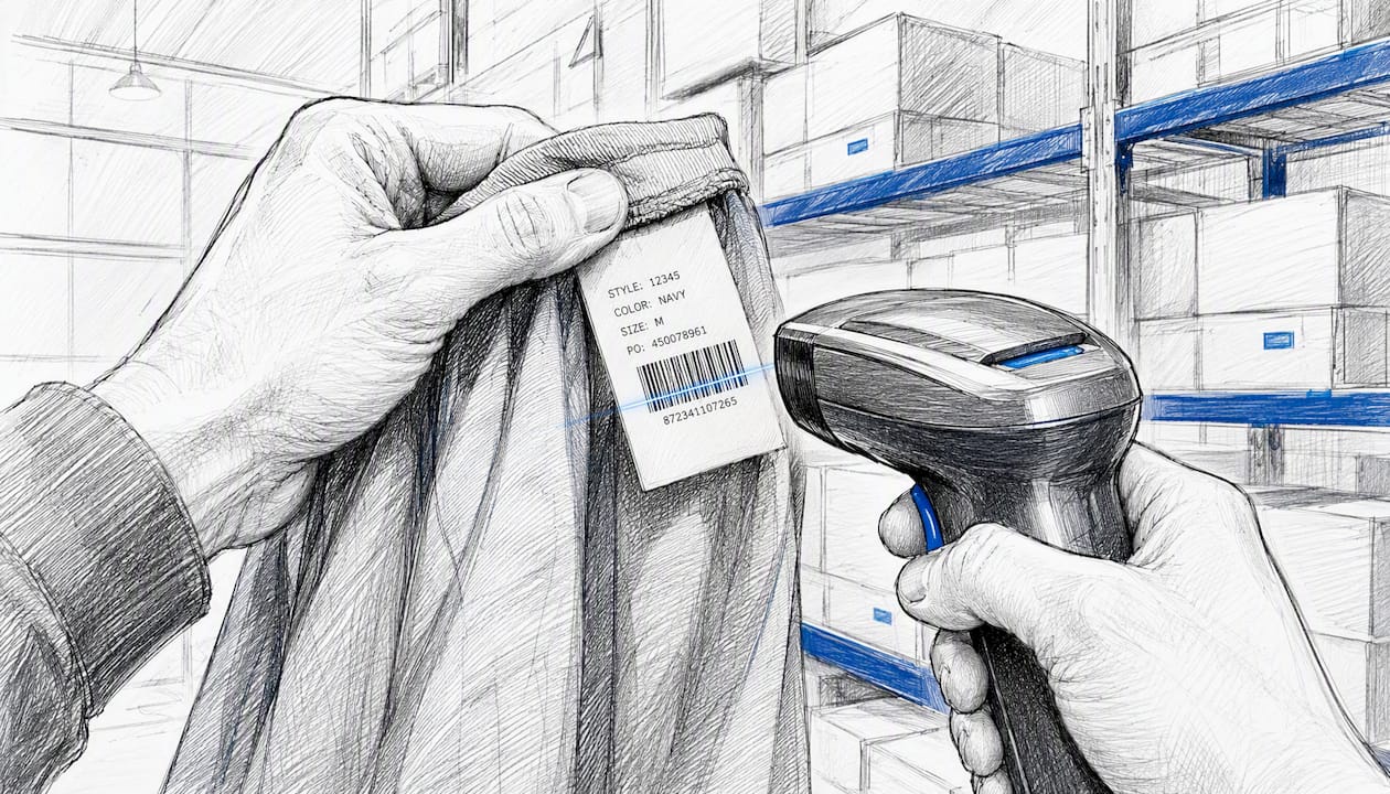 Hands scanning barcode on fabric label