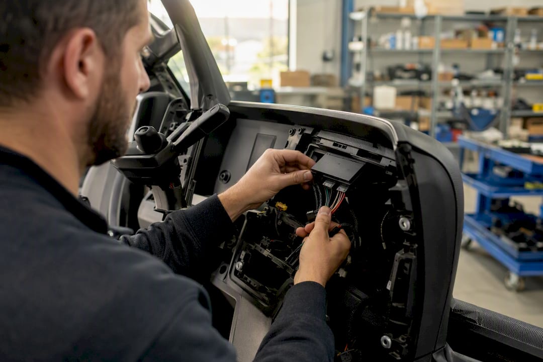 Technician installing telematics device wiring