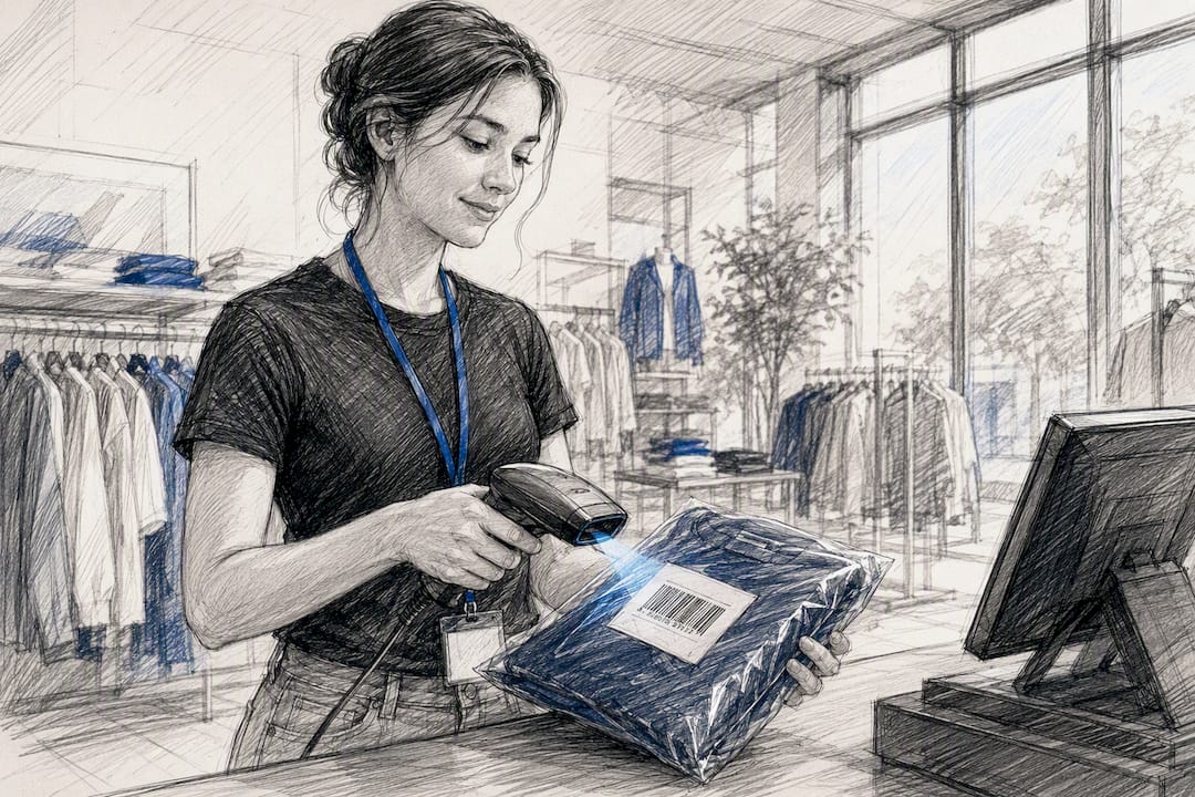Hand scanning barcode on clothing package