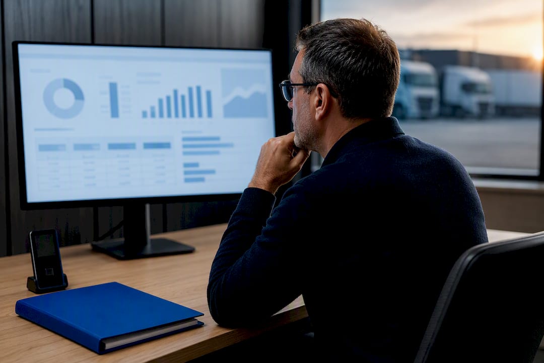 Transport manager reviewing tachograph compliance data