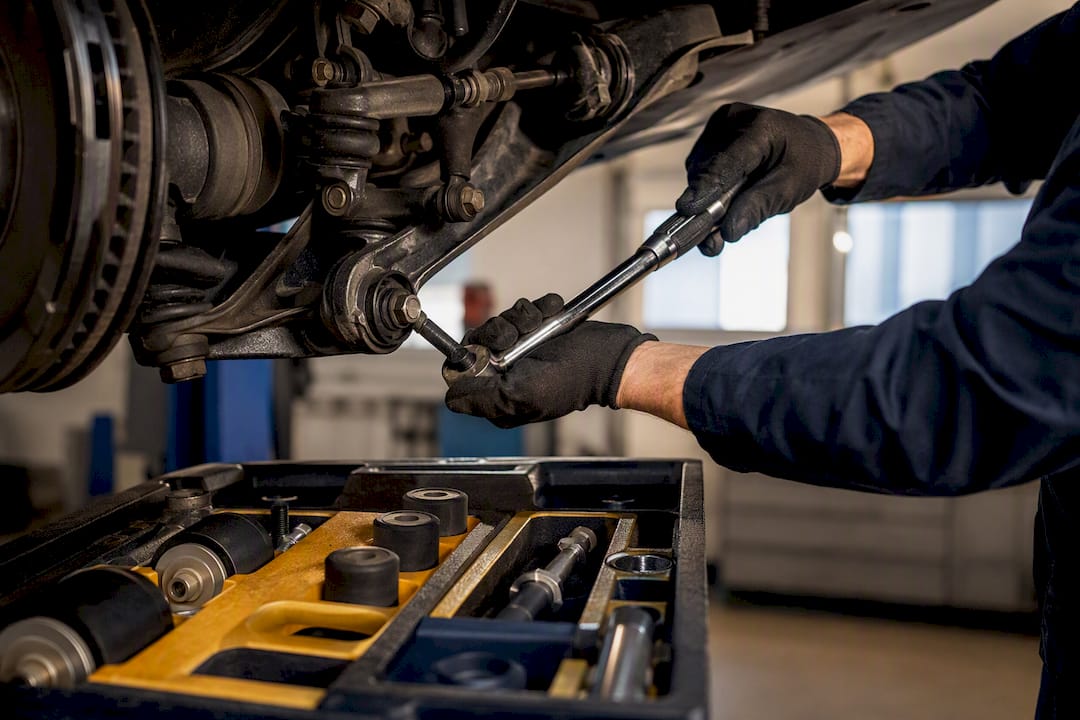 Technician inspecting an anonymous vehicle component