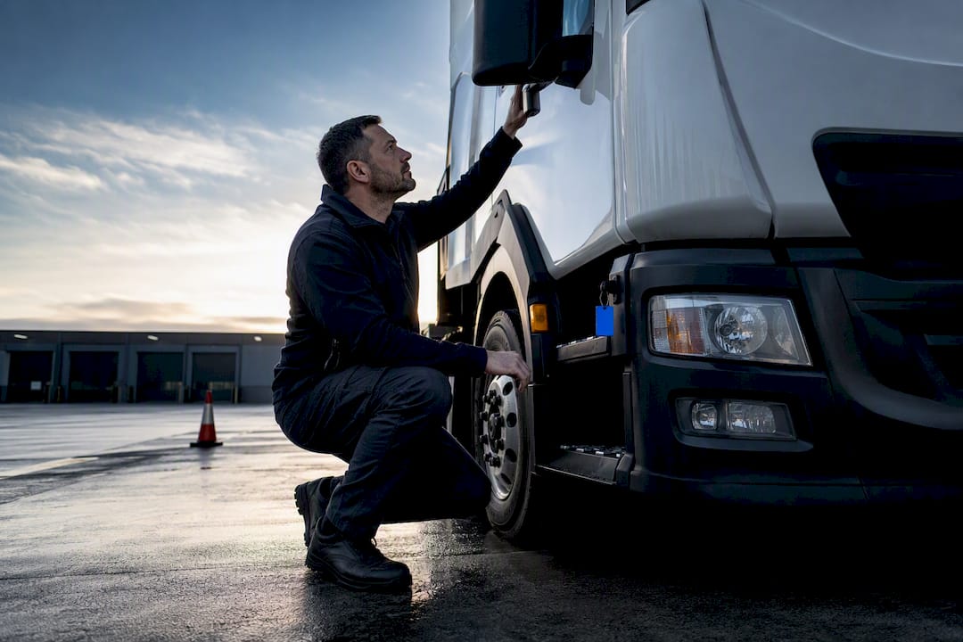 Driver performing an HGV walk-round inspection