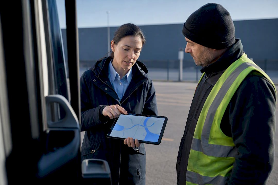 Fleet manager explaining vehicle tracking compliance