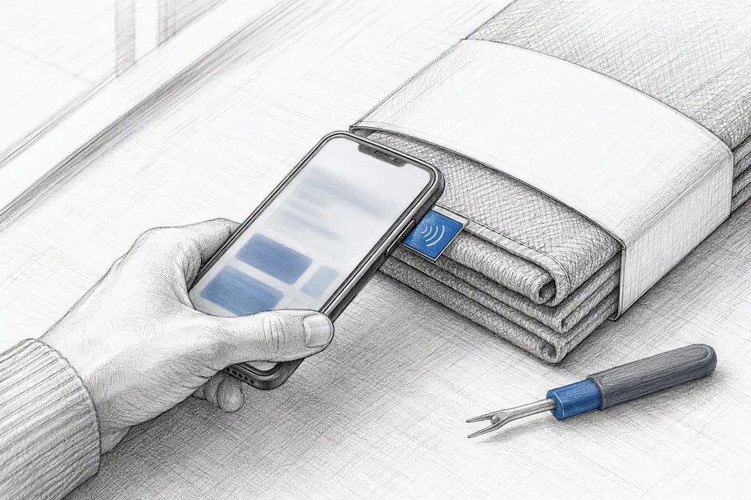 Hand tapping phone to NFC tag on packaging