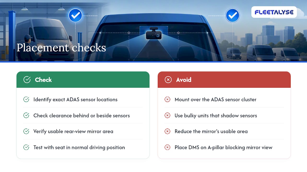 Dashcam placement checks around ADAS and mirrors