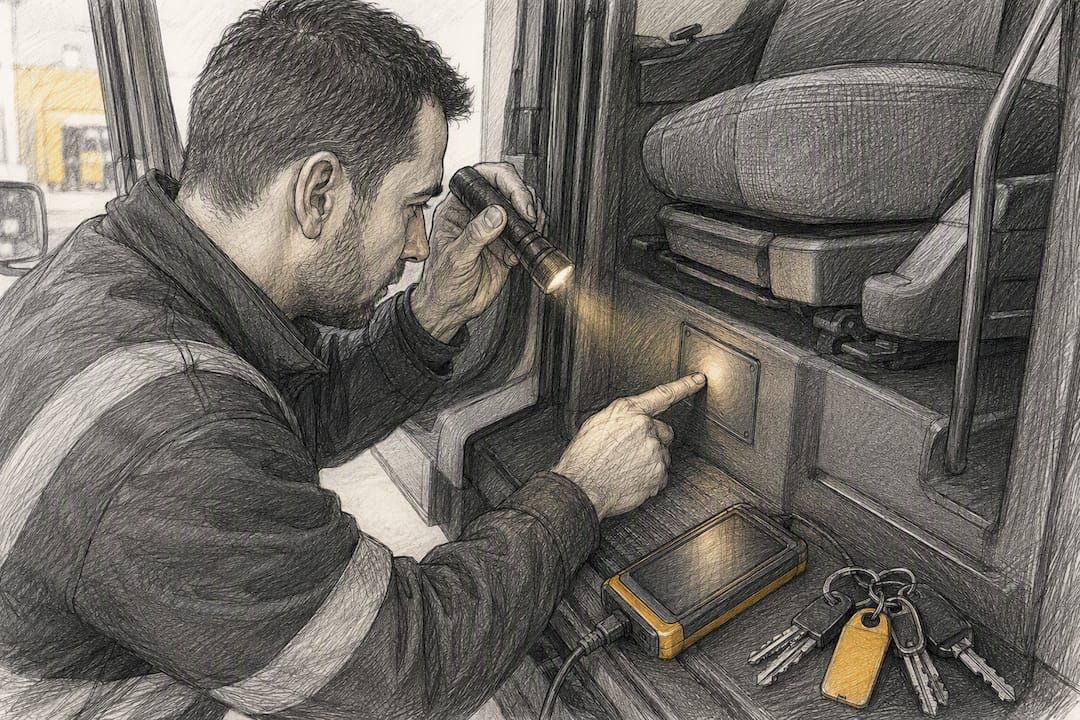 Technician inspecting tachograph calibration plaque