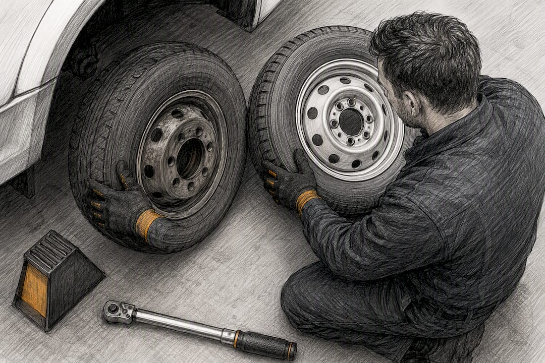 Technician checking replacement tyre specification