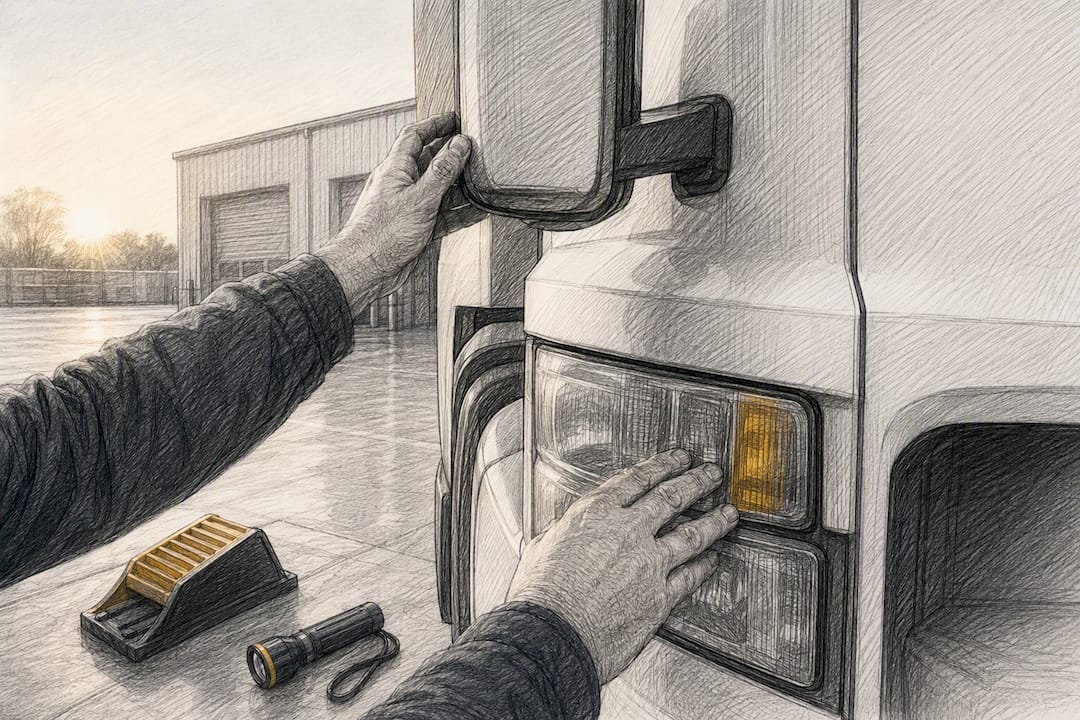 Driver checking commercial vehicle during walkaround