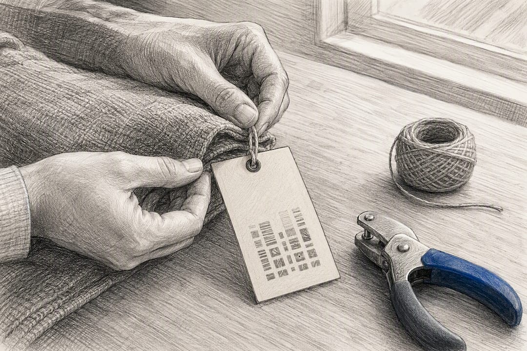 Hands attaching an unbranded apparel swing tag