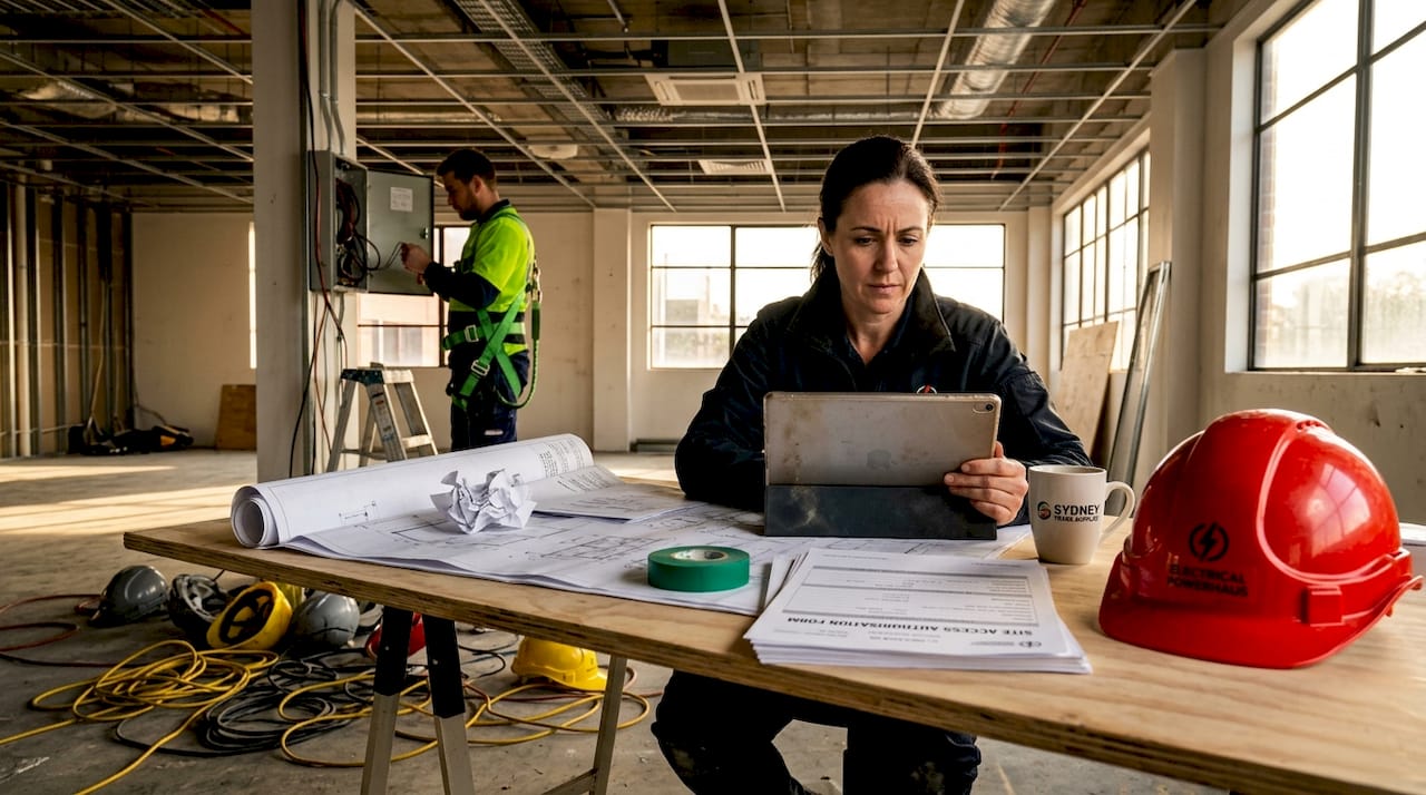 Site office with manager and electrician during fitout delay