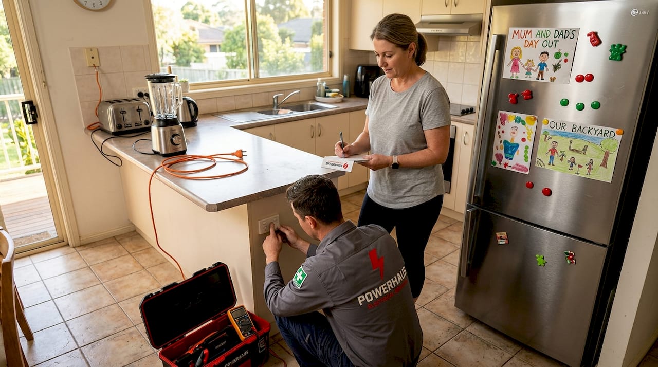 Home electrical inspection checklist for Melbourne homeowners | Electrical Powerhaus | Local Melbourne Electrician | Local Electricians | $0 Call Out Fee Homeowner observes electrician checking kitchen outlet