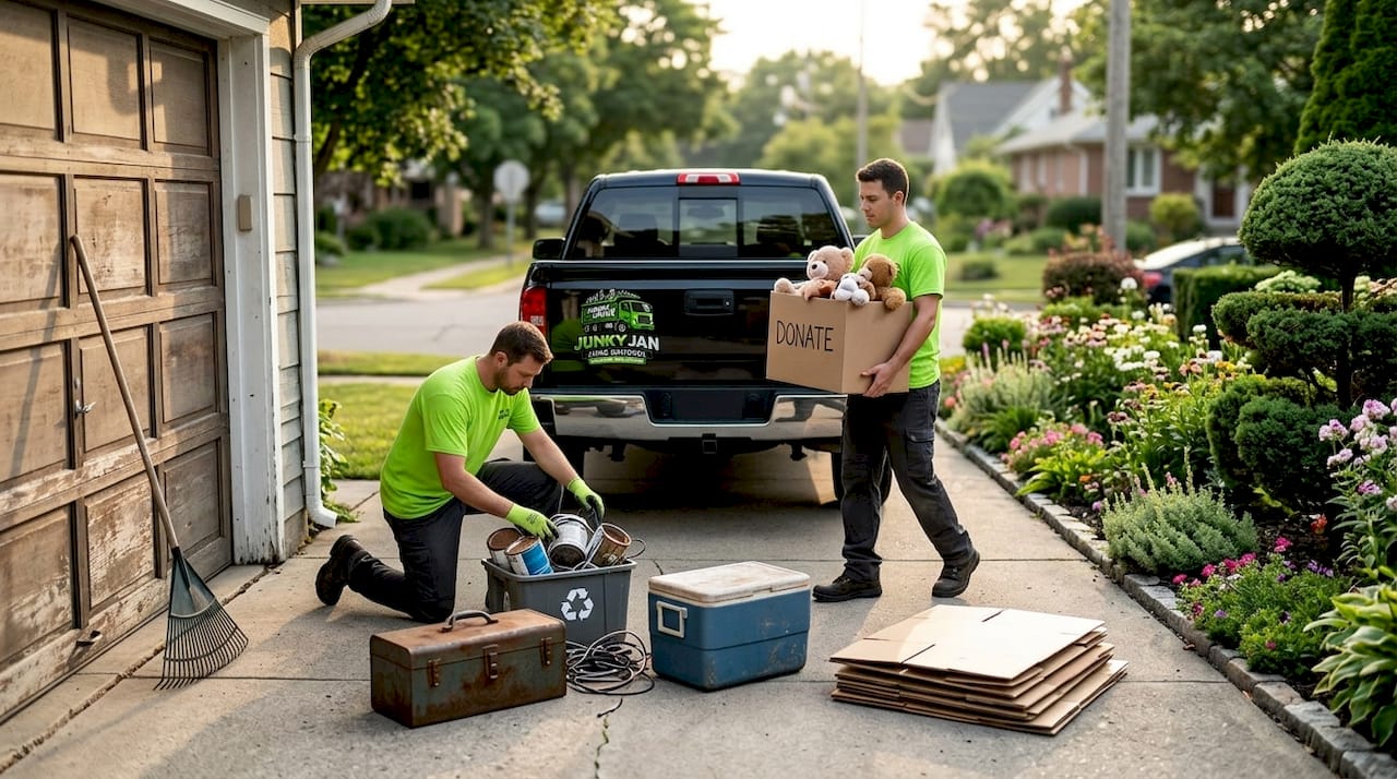 Crew loads donation and recycle items from garage