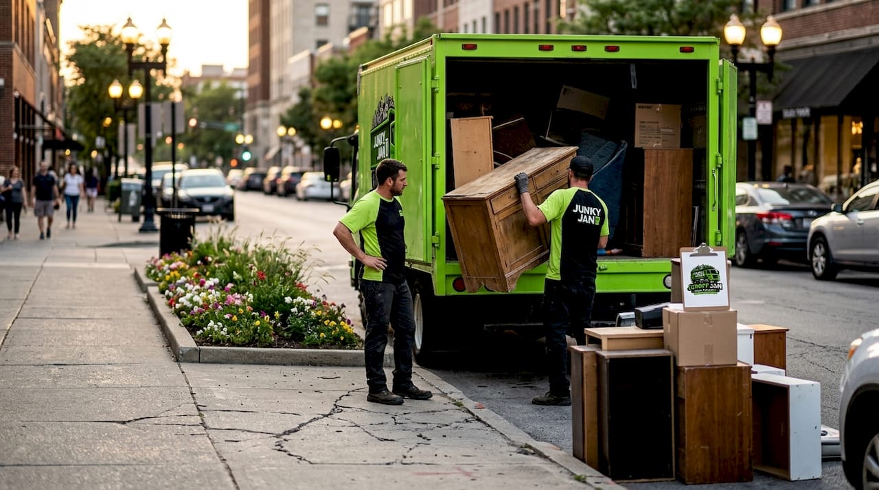 Crew loading furniture onto junk truck curbside