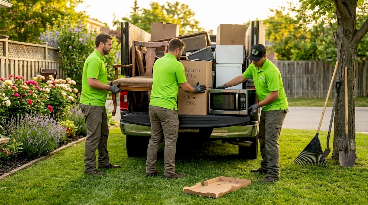 Junk removal crew loading truck in driveway