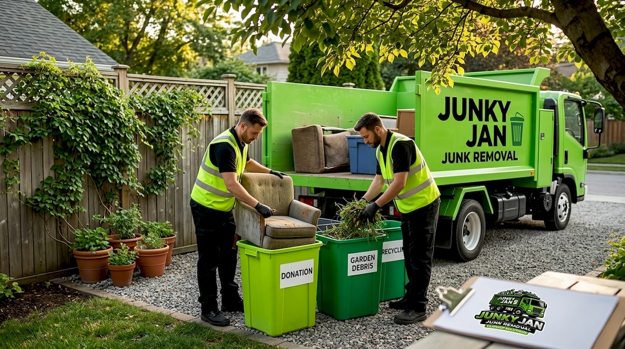 Workers sorting junk for responsible disposal outdoors