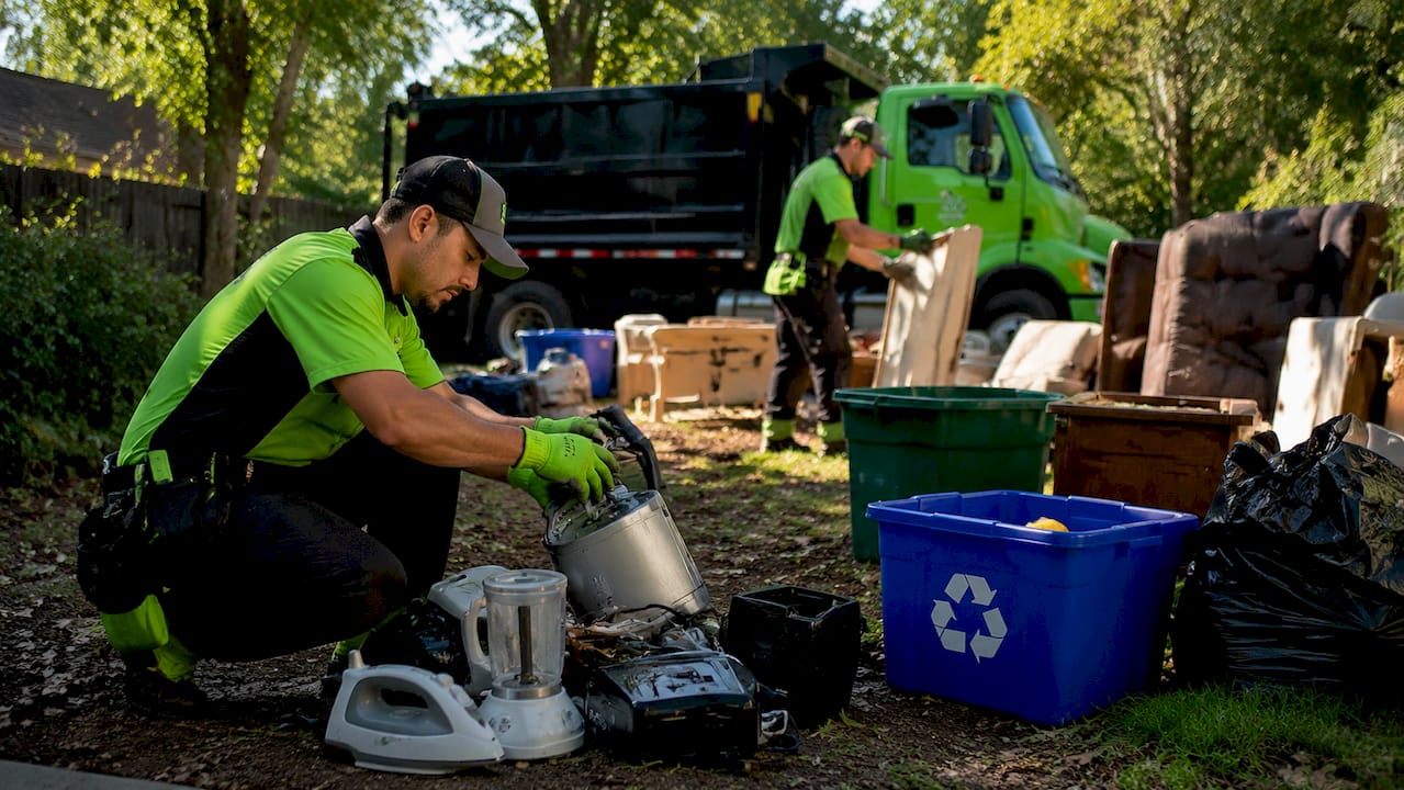 Workers sorting junk outdoors near truck